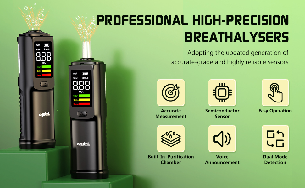 Several interface icons shown on green background demonstrating breathalyzer features and functionality indicators.